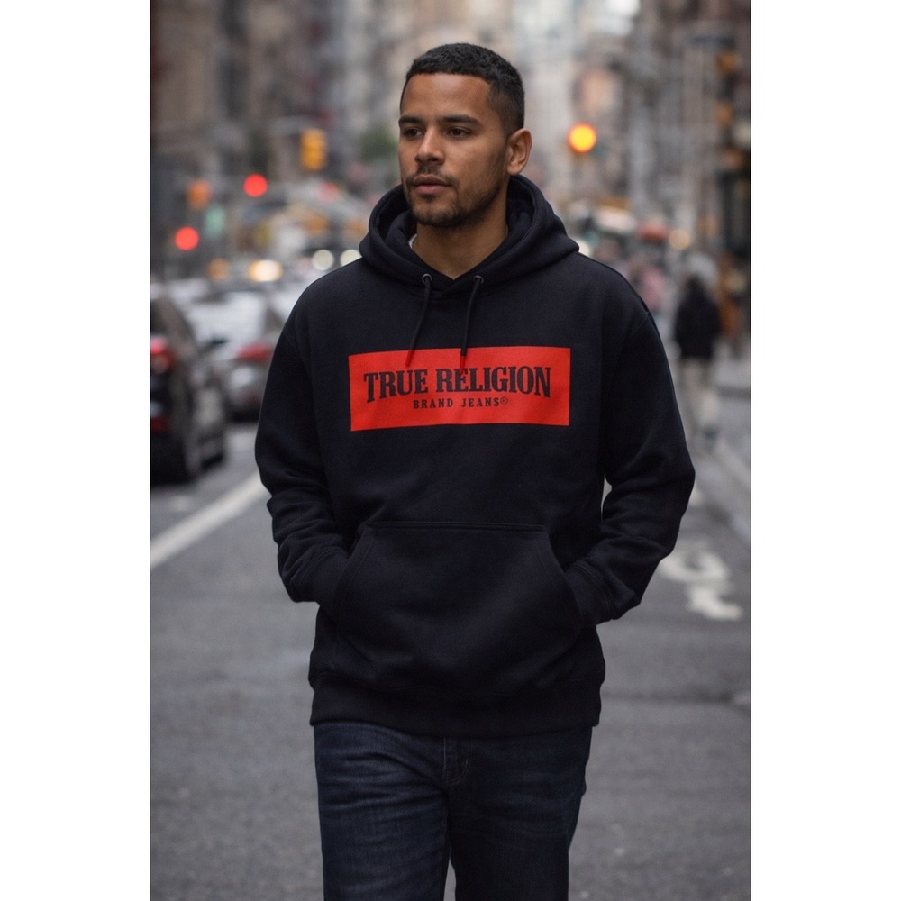 True Religion Brand Jeans Black Hoodie With Red Box Logo Size M